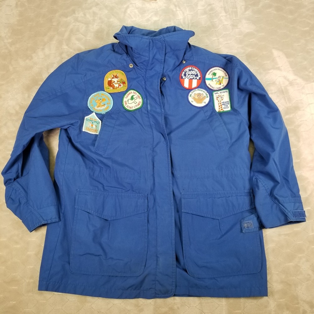 VTG Pacific Trail Flannel Lined Jacket Girl Scout Patches Blue Parka Size Large